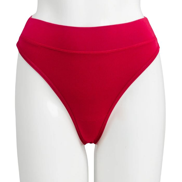 body of white female mannequin wearing lipstick red la thong underwear front view on white background