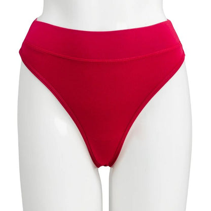 body of white female mannequin wearing lipstick red la thong underwear front view on white background