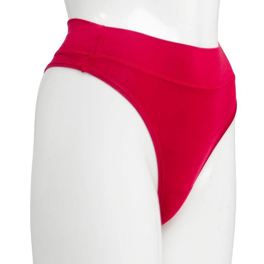 body of white female mannequin wearing lipstick red la thong underwear side view on white background