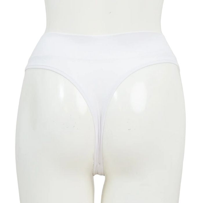 body of white female mannequin wearing snow white la thong underwear back view on white background
