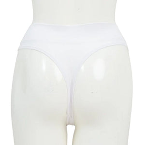 body of white female mannequin wearing snow white la thong underwear back view on white background