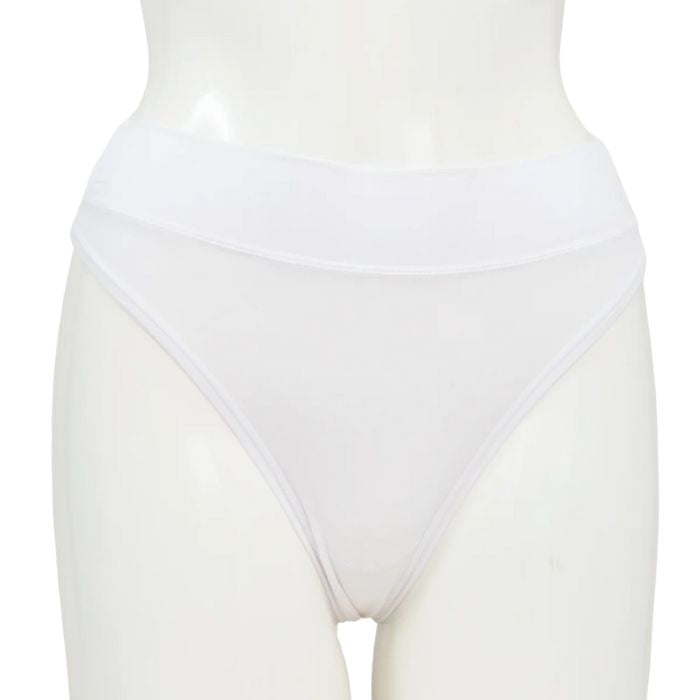 body of white female mannequin wearing snow white la thong underwear front view on white background