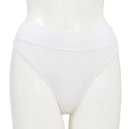 body of white female mannequin wearing snow white la thong underwear front view on white background