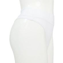 body of white female mannequin wearing snow white la thong underwear side view on white background