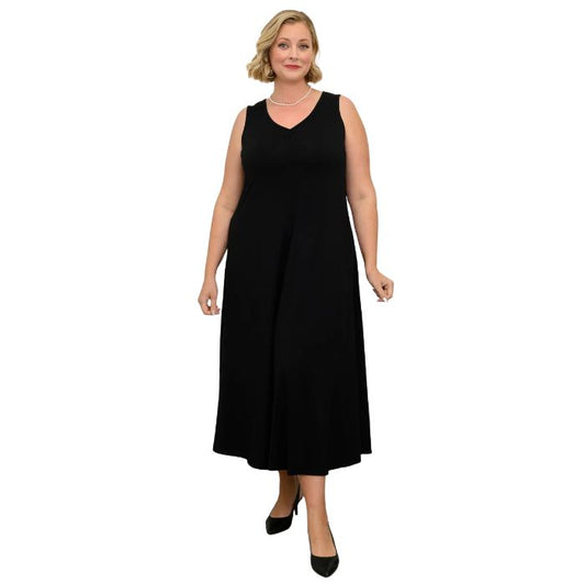 woman wearing black lanai dress front view set on a white background