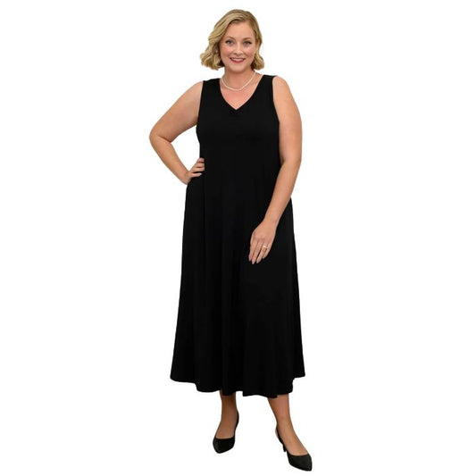 woman wearing black lanai dress front view set on a white background