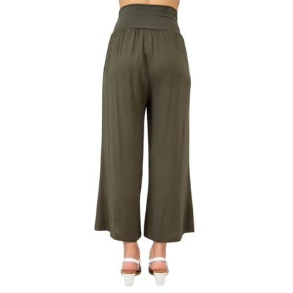 female model wearing khaki green landon capri pants back view on white background