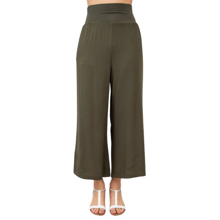 female model wearing khaki green landon capri pants front view on white background