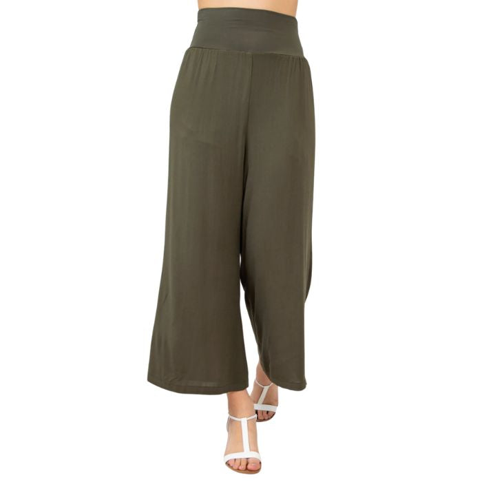 female model wearing khaki green landon capri pants front view on white background