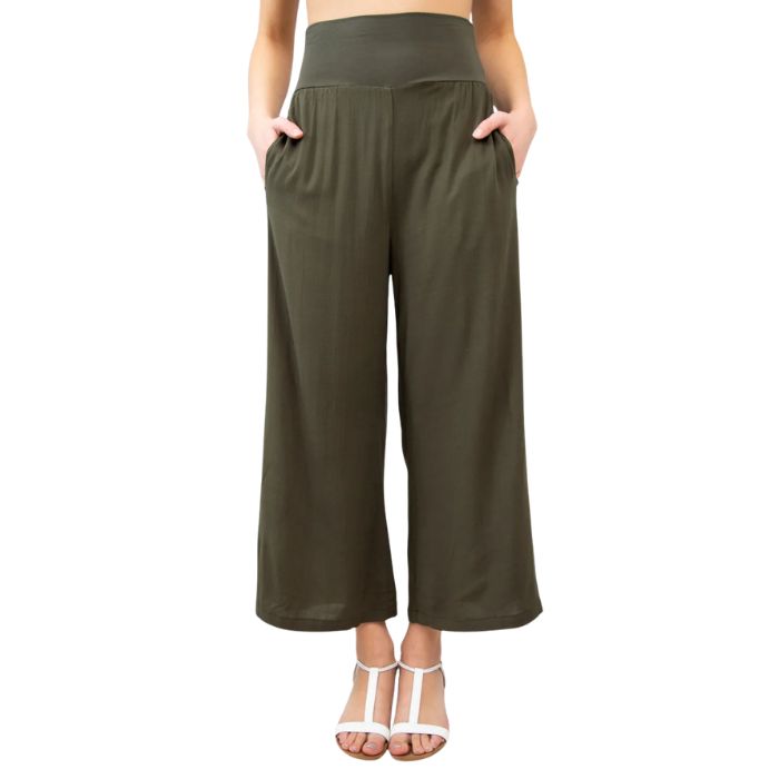 female model wearing khaki green landon capri pants front view on white background