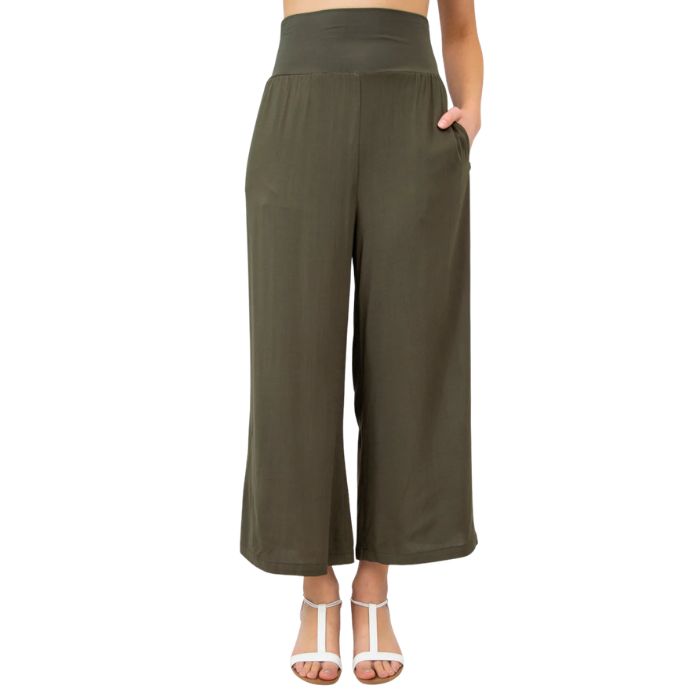 female model wearing khaki green landon capri pants front view on white background