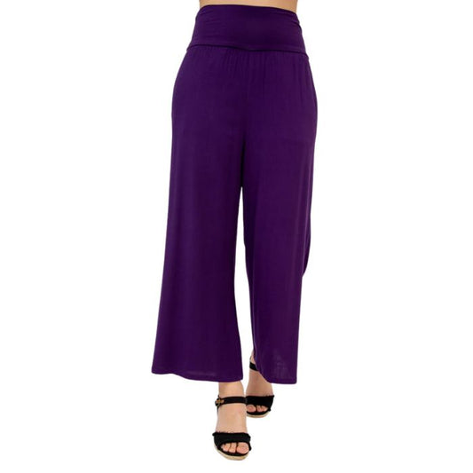 female model wearing royale purple landon capri pants front view on white background
