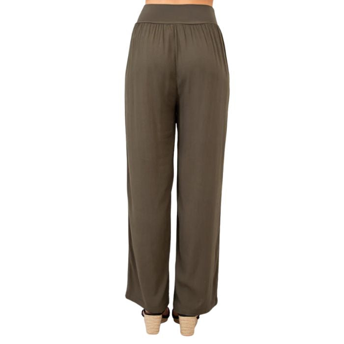 female model wearing khaki green landon pants back view on white background