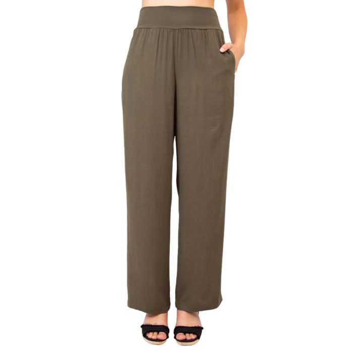 female model wearing khaki green landon pants front view on white background