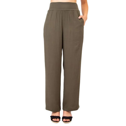 female model wearing khaki green landon pants front view on white background