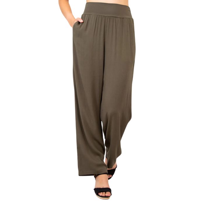 female model wearing khaki green landon pants front view on white background