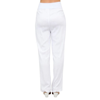 female model wearing white landon pants back view on white background