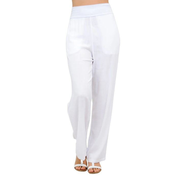 female model wearing white landon pants front view on white background