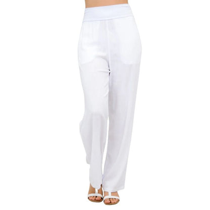 female model wearing white landon pants front view on white background
