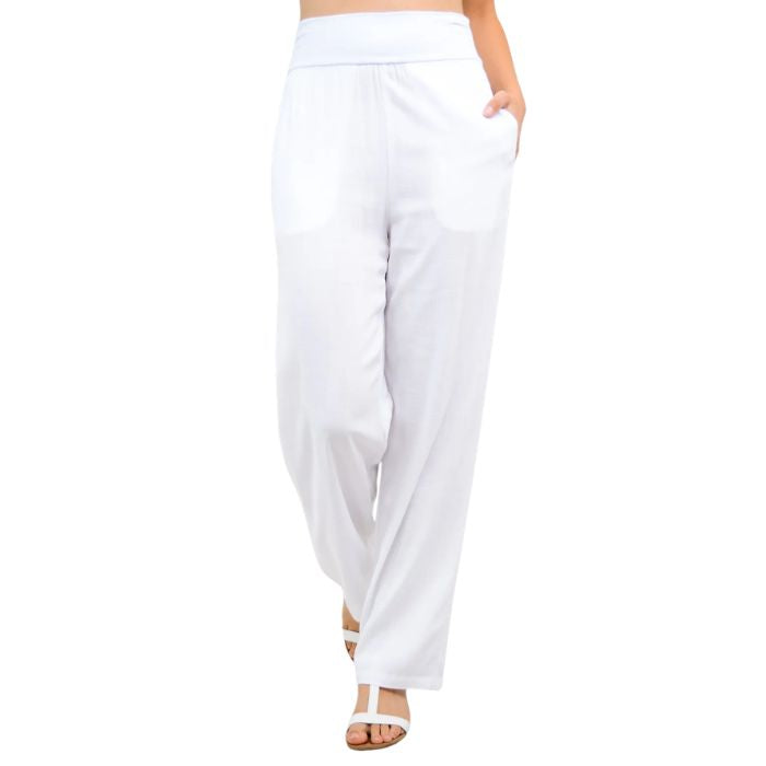 female model wearing white landon pants front view on white background