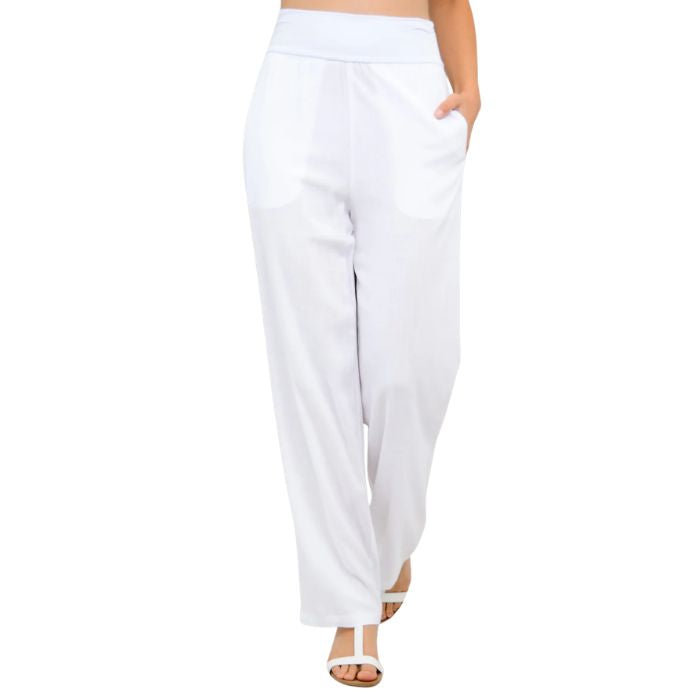 female model wearing white landon pants front view on white background