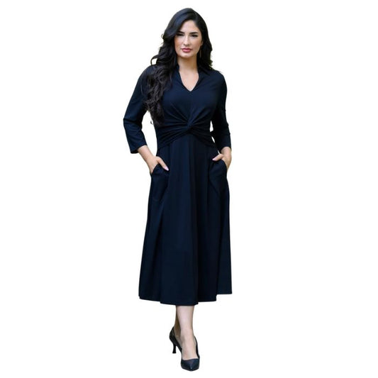 woman wearing black lara dress front view set on a white background