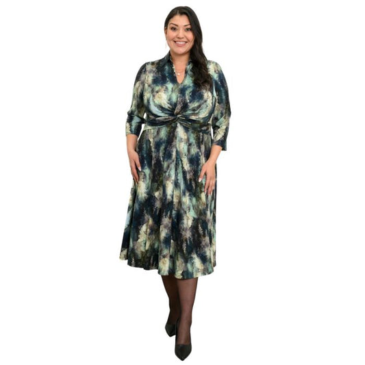woman wearing winter-leaves lara dress front view set on a white background