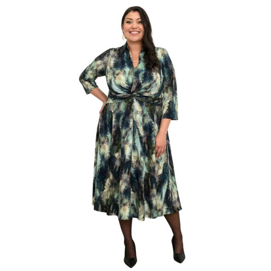 woman wearing winter-leaves lara dress front view set on a white background