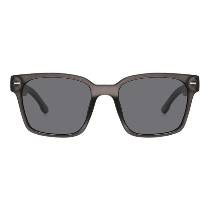 larch sunglasses grey frames and grey lenses front view on white background