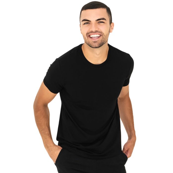 male model wearing black lawrence crew neck t-shirt front view on white background