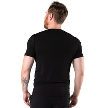 top of male model wearing black lawrence crew neck t-shirt back view on white background