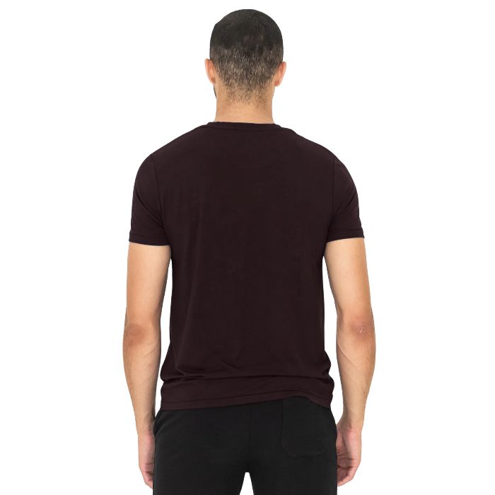 man wearing dark chocolate brown lawrence crew neck t-shirt waist up back view on a white background