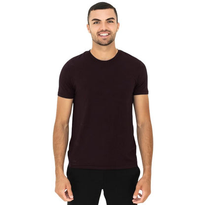 man wearing dark chocolate brown lawrence crew neck t-shirt waist up front view on a white background