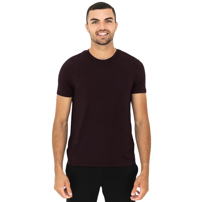 man wearing dark chocolate brown lawrence crew neck t-shirt waist up front view on a white background