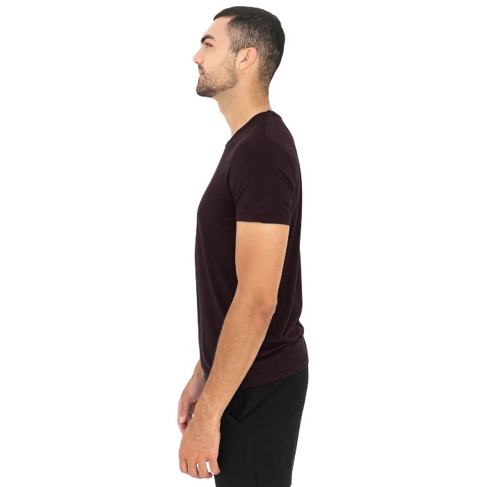 man wearing dark chocolate brown lawrence crew neck t-shirt waist up side view on a white background