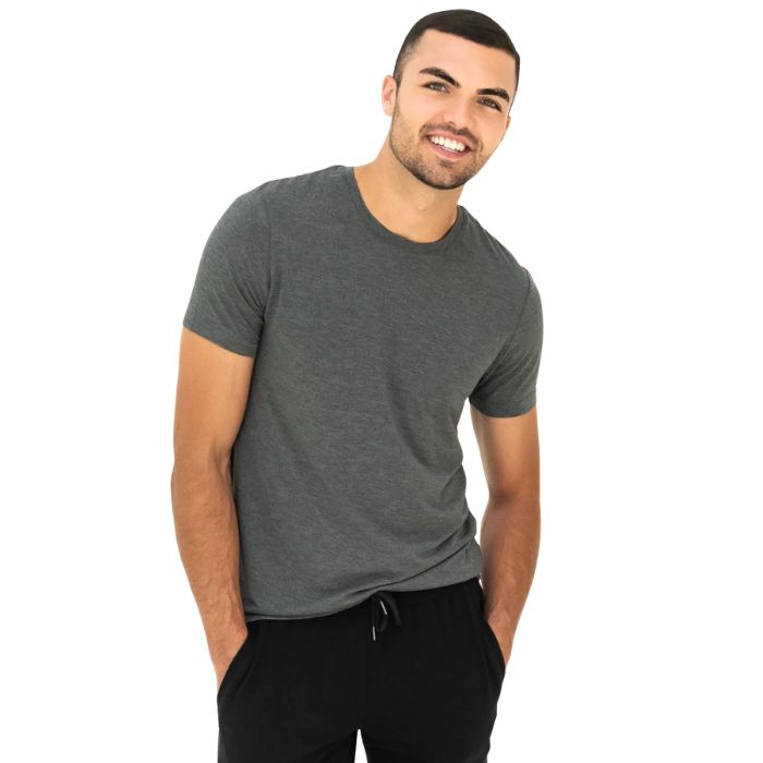top of male model wearing heather charcoal grey lawrence crew neck t-shirt front view on white background