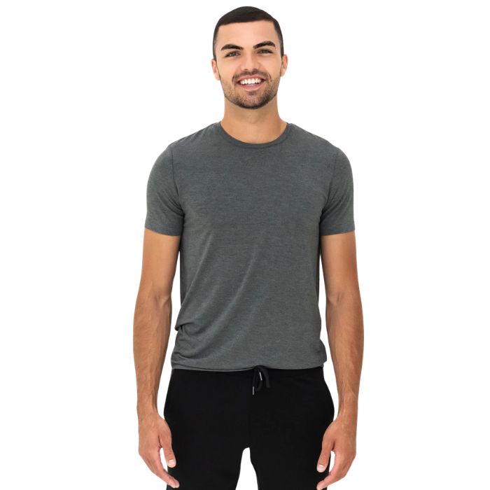 top of male model wearing heather charcoal grey lawrence crew neck t-shirt front view on white background