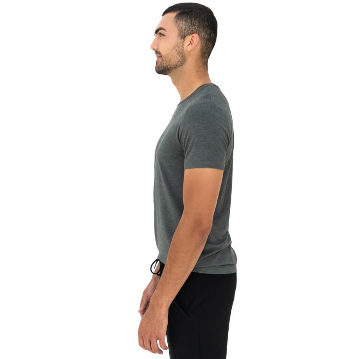 top of male model wearing heather charcoal grey lawrence crew neck t-shirt side view on white background