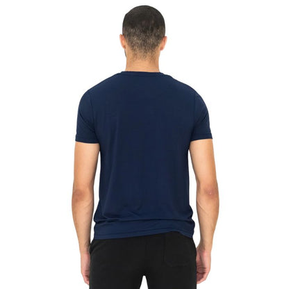 male model wearing ink blue lawrence crew neck t-shirt back view on white background