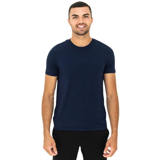 male model wearing ink blue lawrence crew neck t-shirt front view on white background