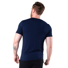 top of male model wearing ink blue lawrence crew neck t-shirt back view on white background