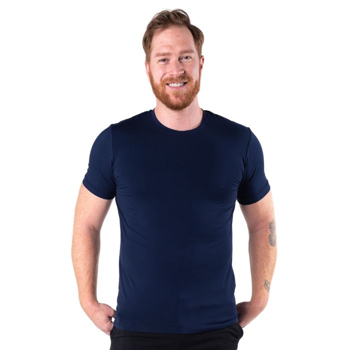 male model wearing ink blue lawrence crew neck t-shirt front view on white background