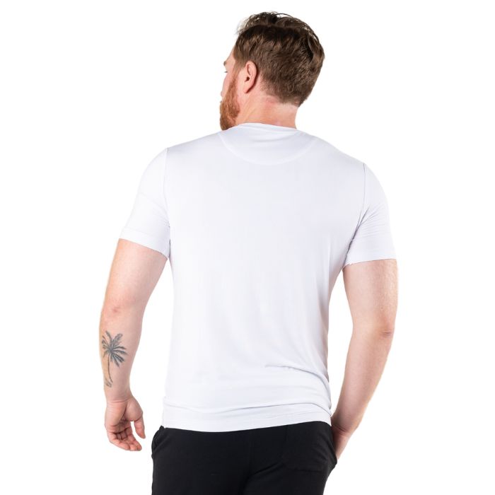 top of male model wearing white lawrence crew neck t-shirt back view on white background