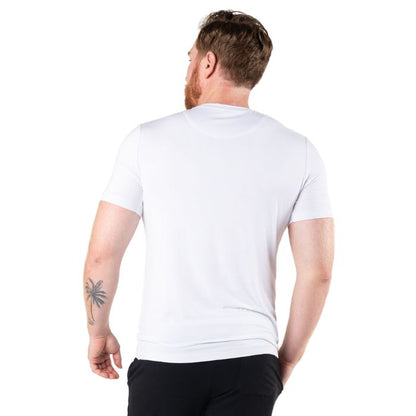 top of male model wearing white lawrence crew neck t-shirt back view on white background