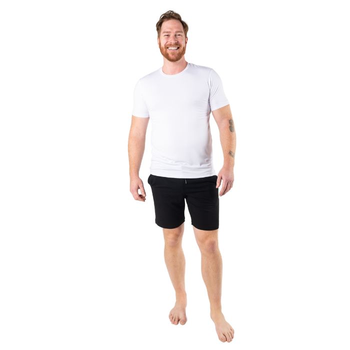 top of male model wearing white lawrence crew neck t-shirt and black aspen shorts front view on white background
