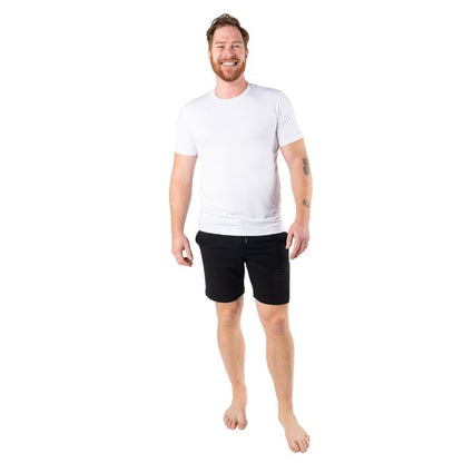top of male model wearing white lawrence crew neck t-shirt and black aspen shorts front view on white background