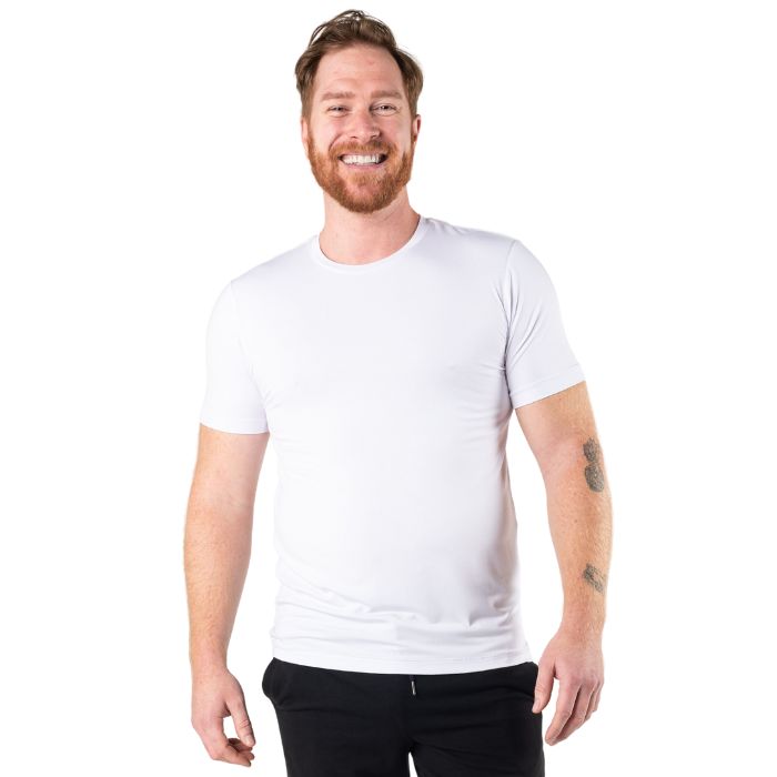 top of male model wearing white lawrence crew neck t-shirt front view on white background