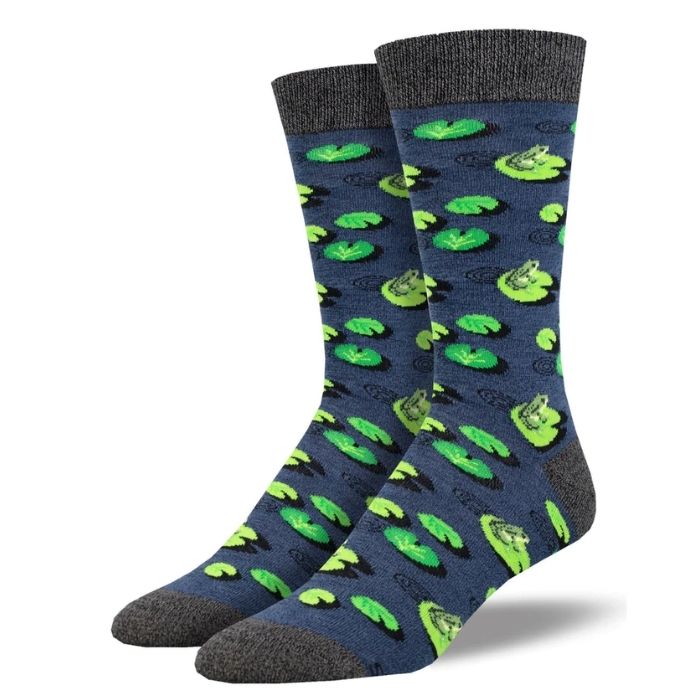 navy blue crew sock with frogs on lily  pads print on white background