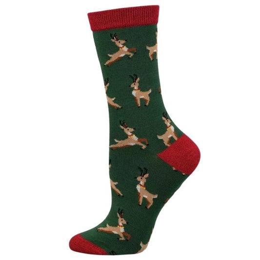 green crew sock with leaping reinderrs print on white background 