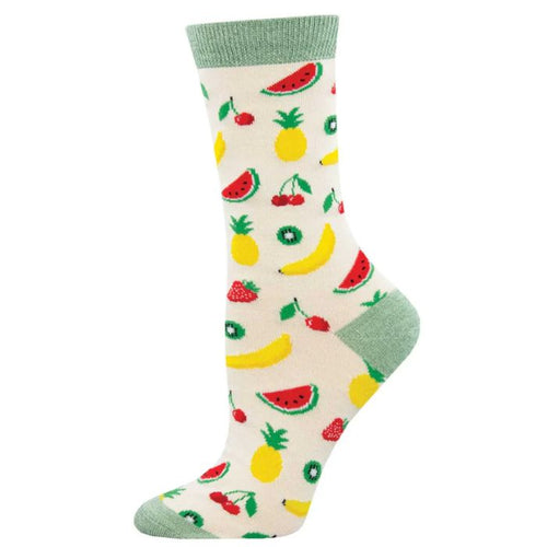Lets get fruity sock ivory white crew sock with a variety of fruit print on white background